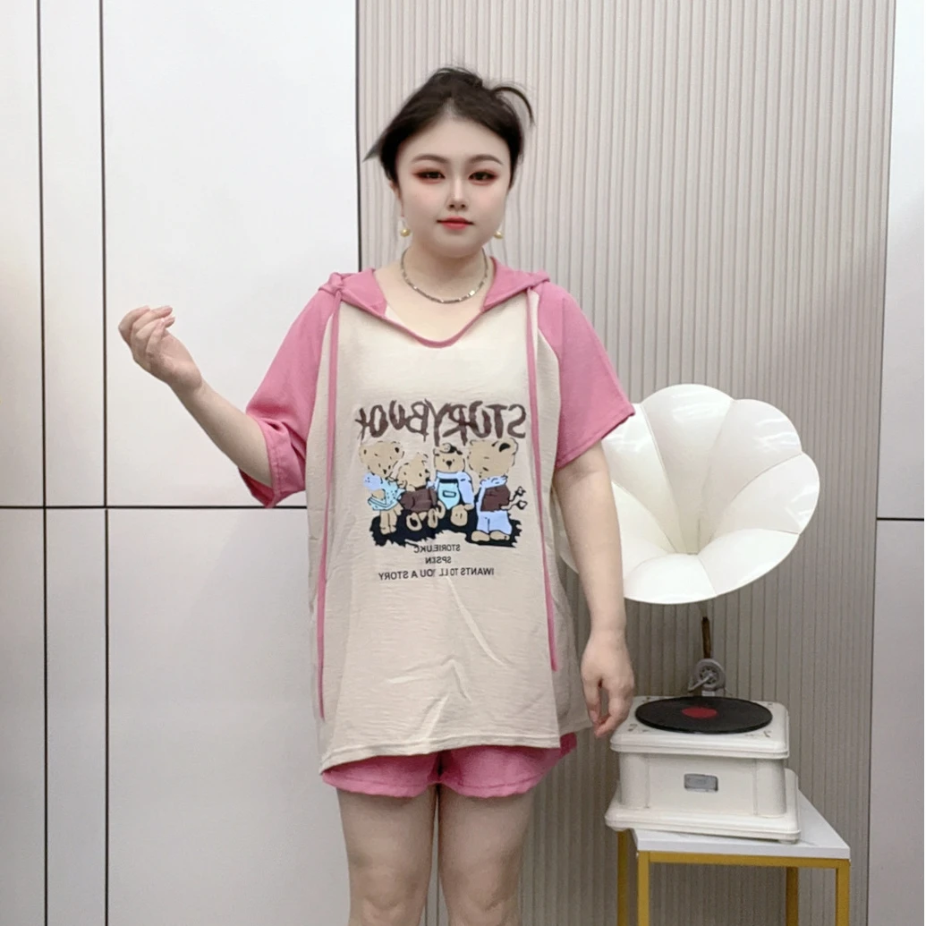 夏季套装-两件套装帽衫宽松休闲时尚短袖连帽上衣大码减龄假两件