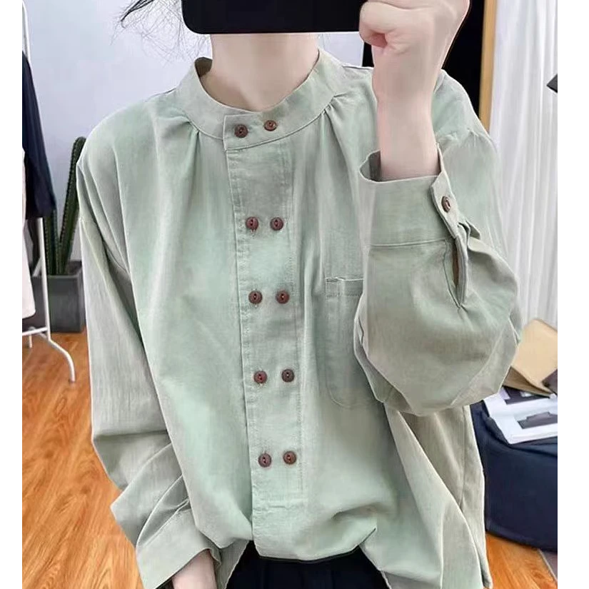 2025秋季款设计感双排扣新款小立领长袖衬衫女时尚通勤简约衬衫