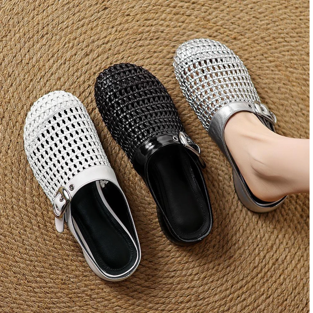 高级感真牛皮包头半拖鞋2025新款春夏法式圆头镂空外穿平底凉拖女