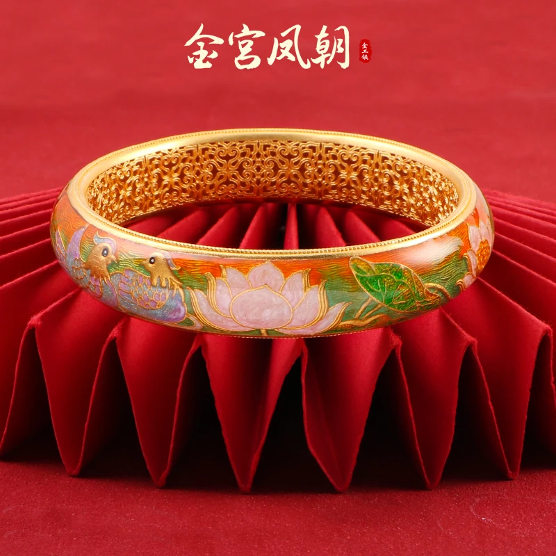 足银珐琅手镯 金宫凤朝荷塘月色足银999手镯珐琅彩实心复古银手镯