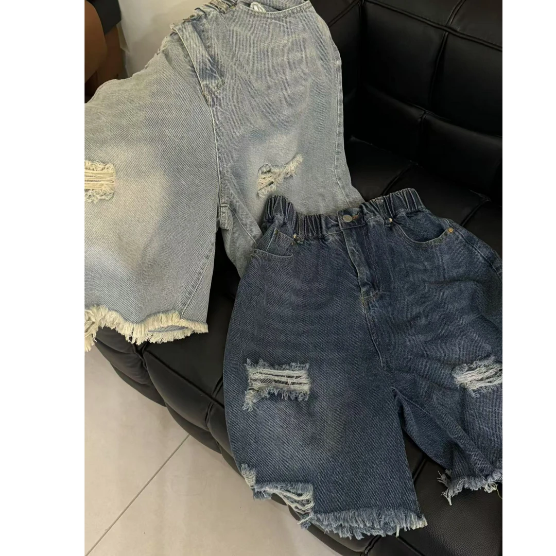 十三行白白-松紧腰调性五分破洞牛仔短裤#7363