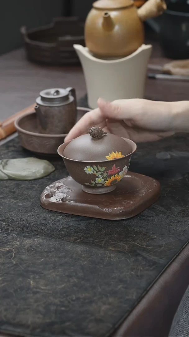 九隐茶器紫砂薄胎泥绘盖碗