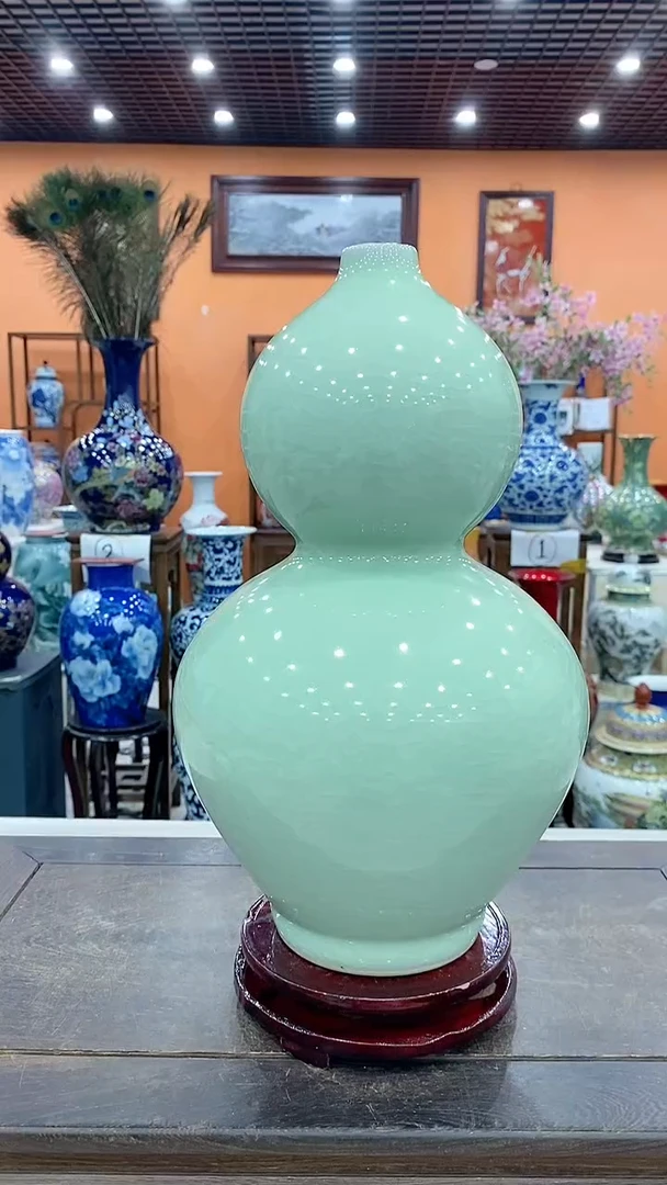 摆件青釉开片裂纹葫芦+旋转底座