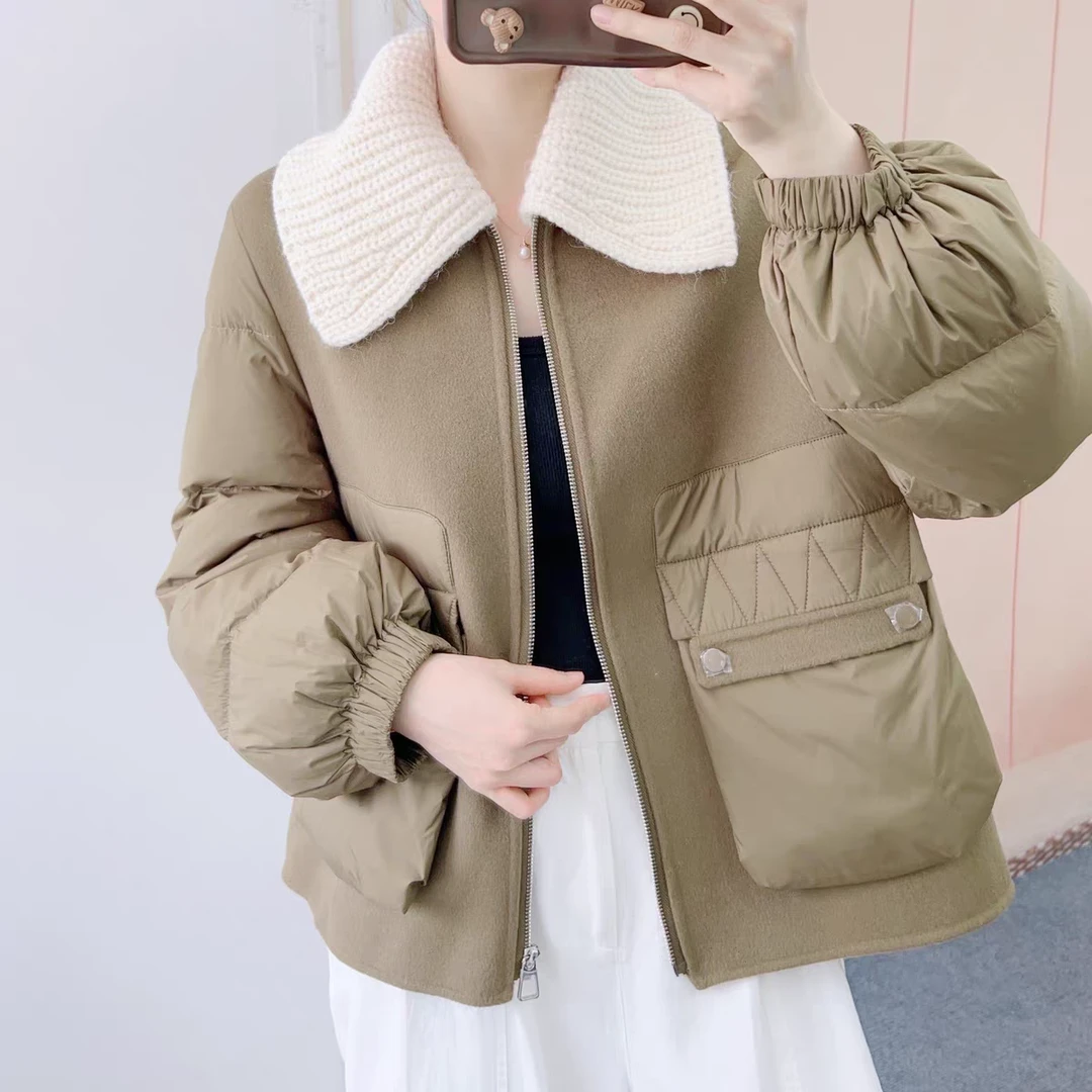 Y501秋冬时尚翻领休闲保暖双面呢拼接羽绒服DM7