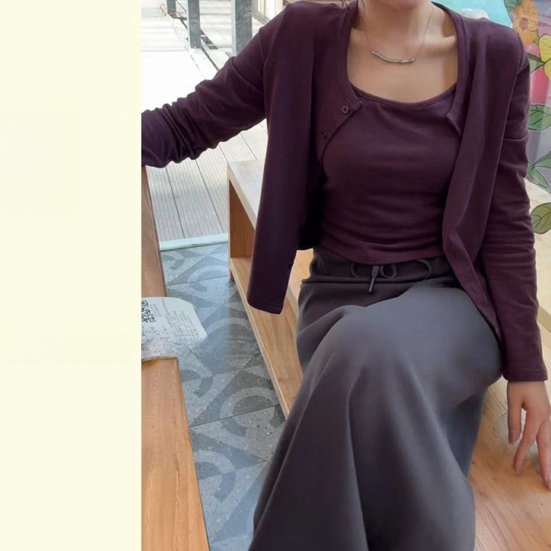简约韩系2025春新款做旧葡萄紫色休闲两件套毛衣针织衫上衣H6-46