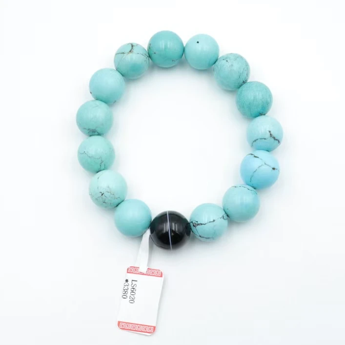 瑕疵款  LS6020精品 民国 老矿 高瓷高蓝绿松 圆珠手串