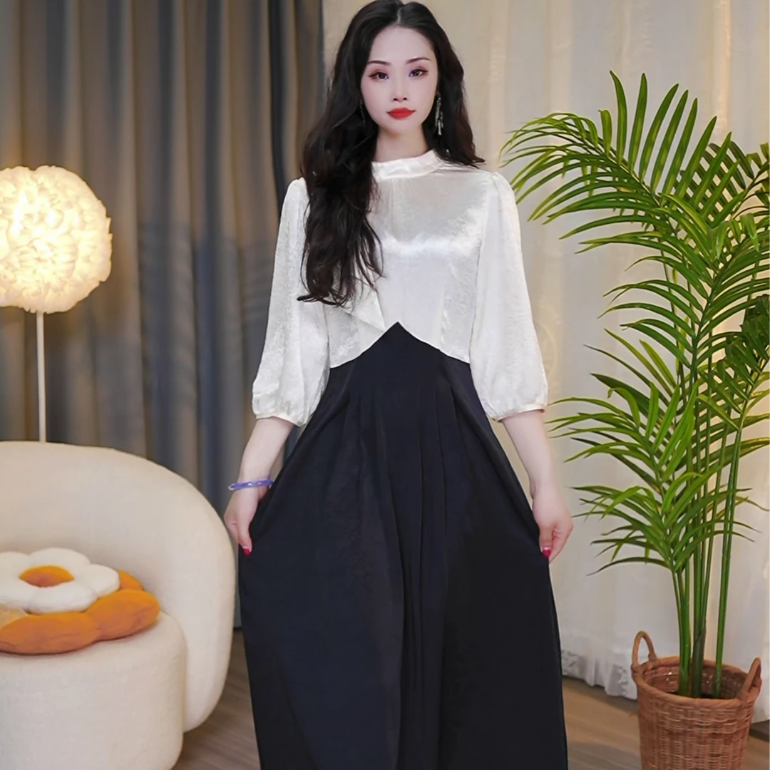 杏色缎面领结连衣裙黑色裙摆人鱼腰线显瘦气质高腰时尚拼接小个子