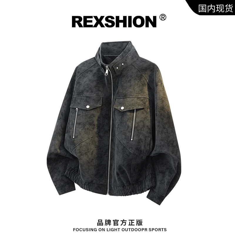 REXSHION秋季复古扎染皮夹克外套男美式免烫立体裁剪休闲情侣外套