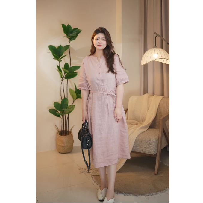 自然原创中长款连衣裙2025夏季新款纯色气质收腰系带显瘦A字裙子