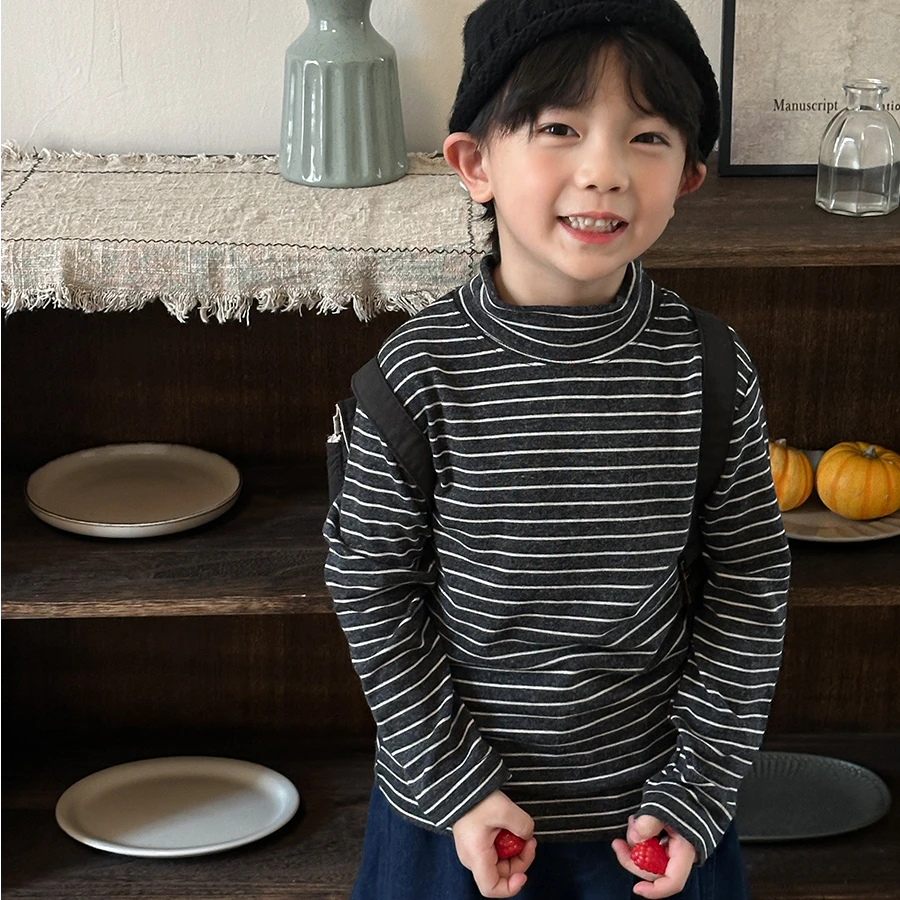 暮晨家新款秋装2025男童半高领条纹打底衫中小童森系磨毛内搭上衣