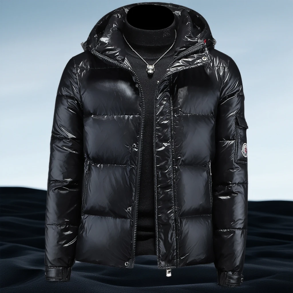 巴赛娜缇冬季新款白鸭绒亮面连帽羽绒服男士休闲上衣百搭保暖外套