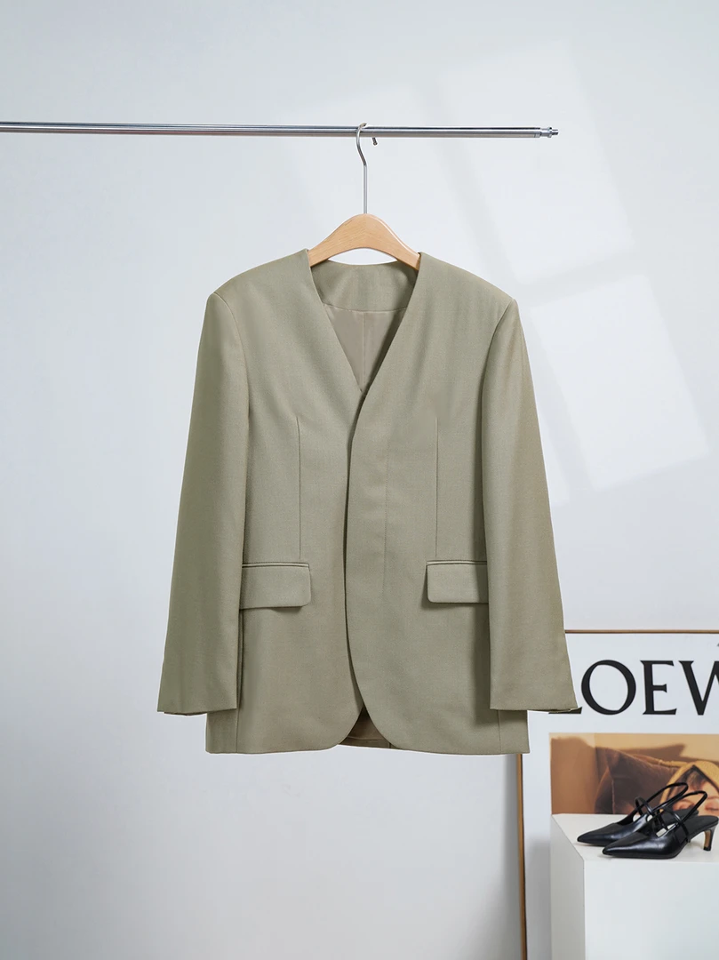 Bing Studios｜斜纹西装進口澳羊无领休闲女春款外套24-105