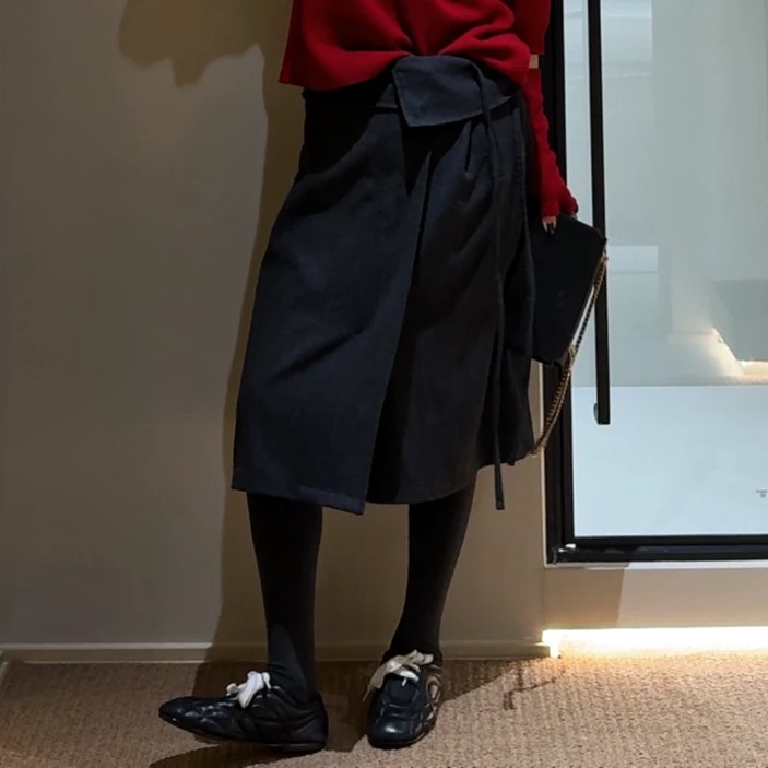 FY6385冬季新款不规则飘带慵懒感保暖休闲百搭宽松半身裙黑色