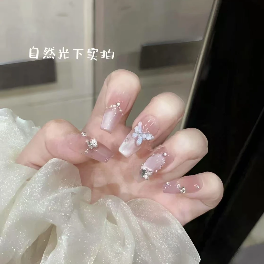 【月光银蝶】1立体冰晶蝴蝶造型穿戴甲用品显白可拆卸中长款显白