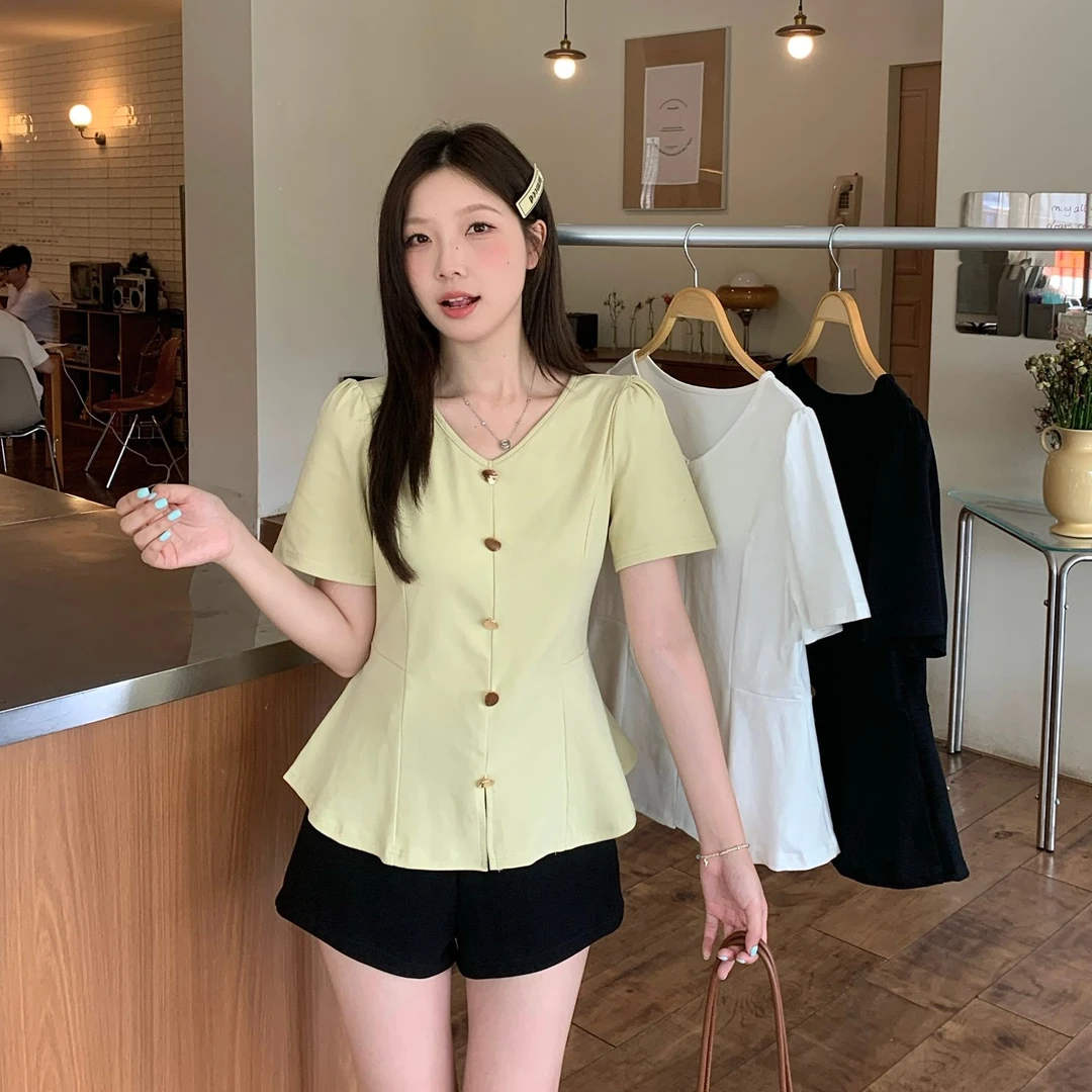 大码遮肉mm纯欲V领正肩短袖t恤收腰显瘦2025加宽加大女装64940