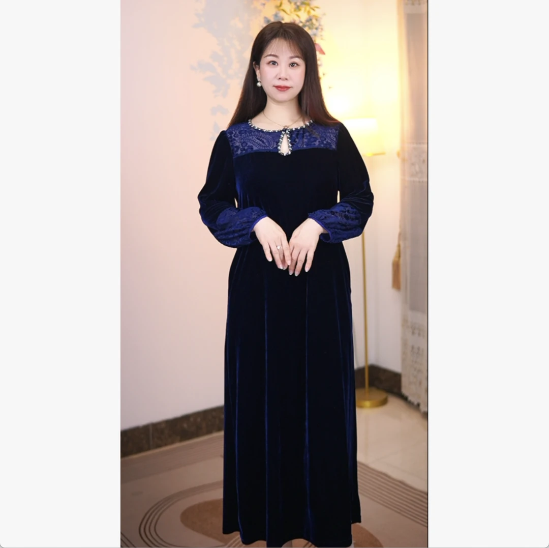 【撤柜清仓】时尚洋气高端时尚长款丝绒连衣裙高端大码显瘦气质2586