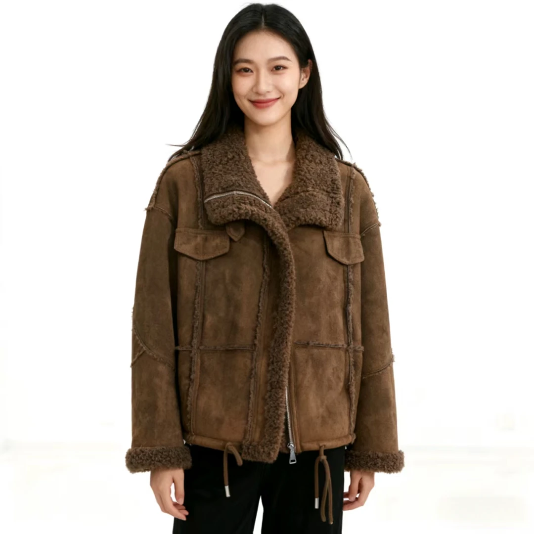 冬季单品下摆抽绳皮毛一体外套美拉德风不挑人翻领上衣（25-50）