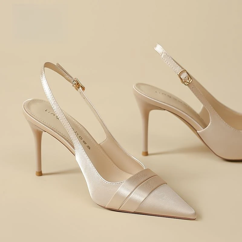 Moleubak香槟色高跟鞋女夏季气质高级感不累脚细跟包头凉鞋6-8cm