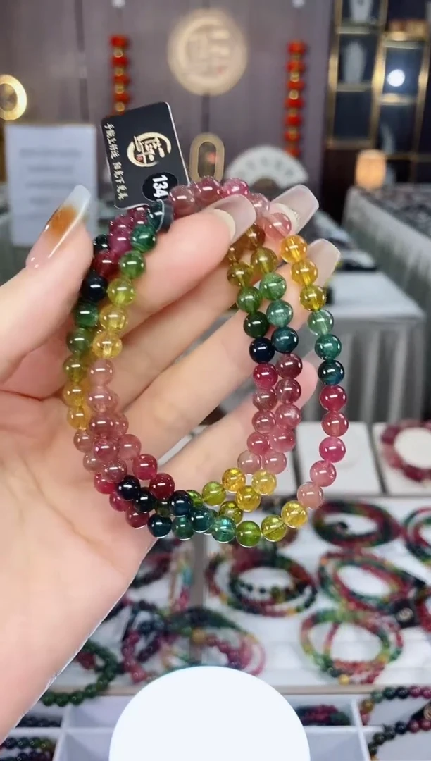 老矿碧玺色标彩虹透体三圈手串5mm+未镶嵌碧玺dan多样性发货一条