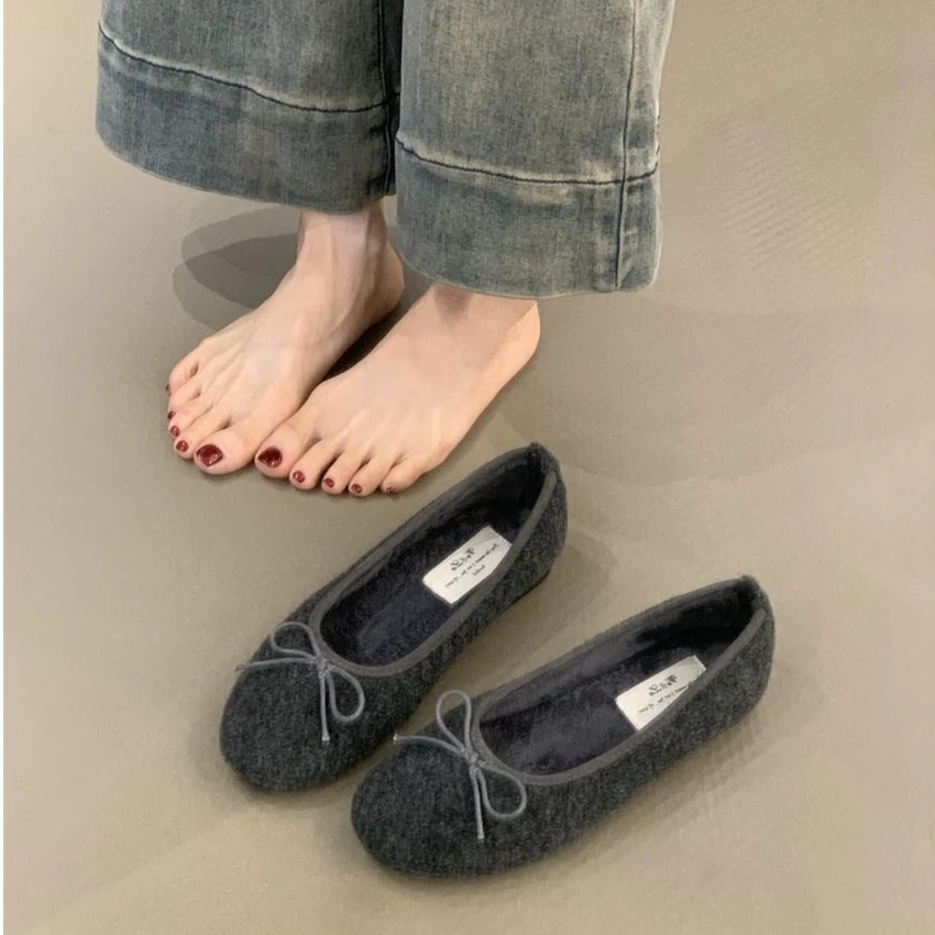 WL-1711-1韩版温柔仙女风蝴蝶结圆头软底加绒保暖芭蕾毛毛鞋棉鞋