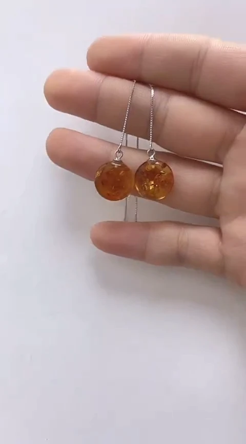 【闪购商品】琥珀裸石银S925镶嵌花珀耳线