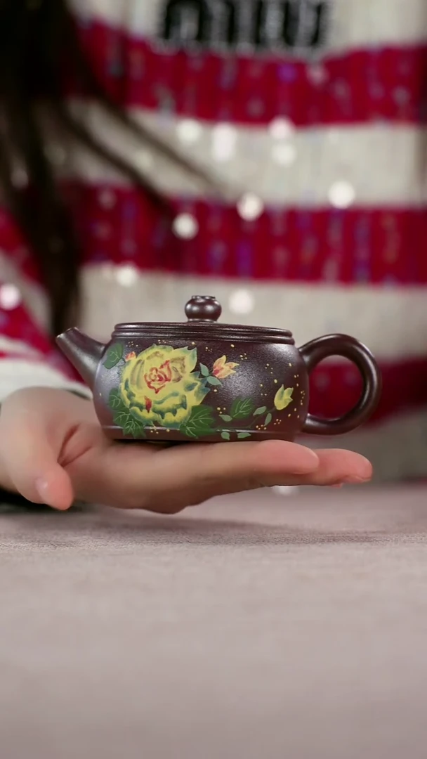 茶壶紫砂超高温紫泥精工泥绘胭脂红玉鼓井栏150cc