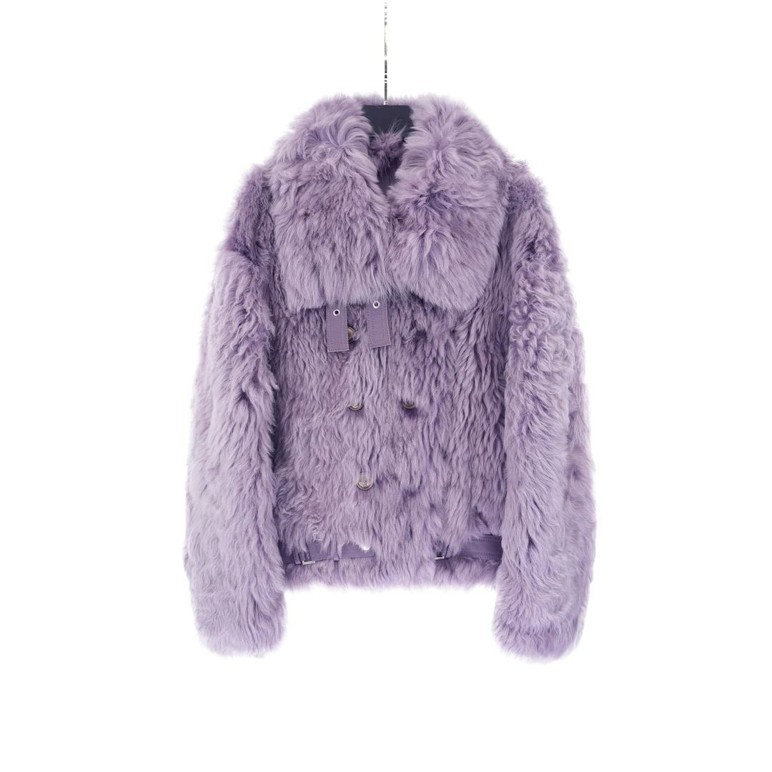 2025女士高端托斯卡纳皮毛一体翻领宽松卷毛外套21136-B