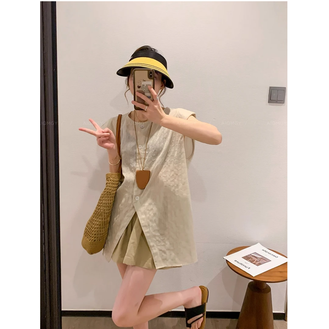 杏色设计感圆领短袖衬衫女2025夏季新款遮肉别致显瘦上衣