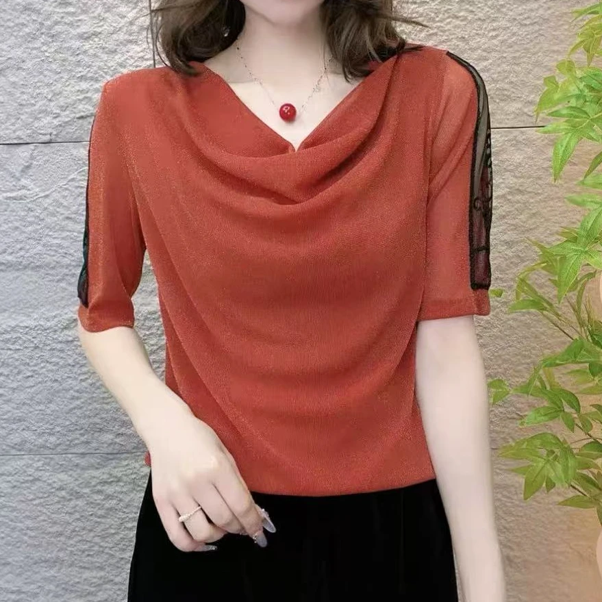 时尚夏季新款网纱拼接袖纯色T恤小衫5891