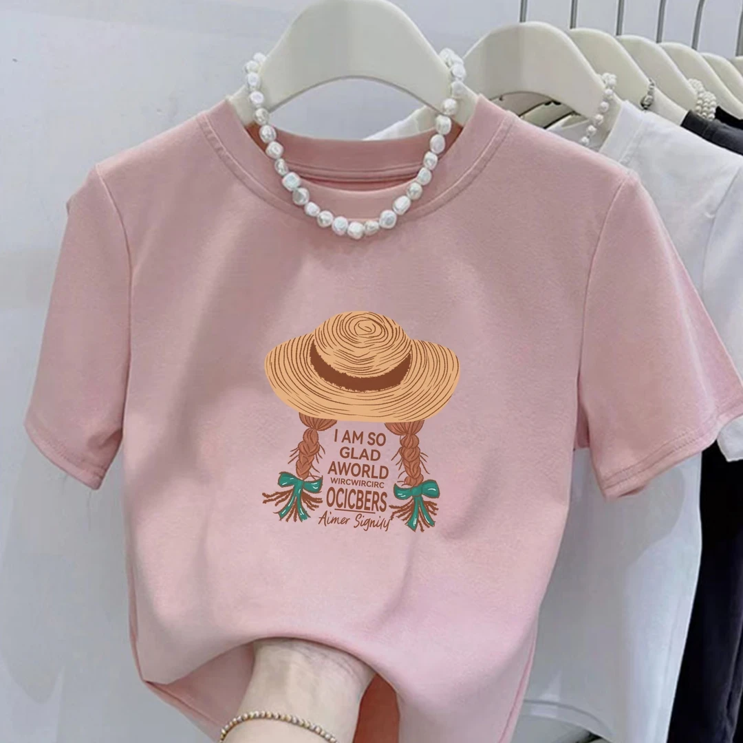 圆领英文双马尾编织帽印花2025夏季短袖小个子女修身显瘦百搭上衣