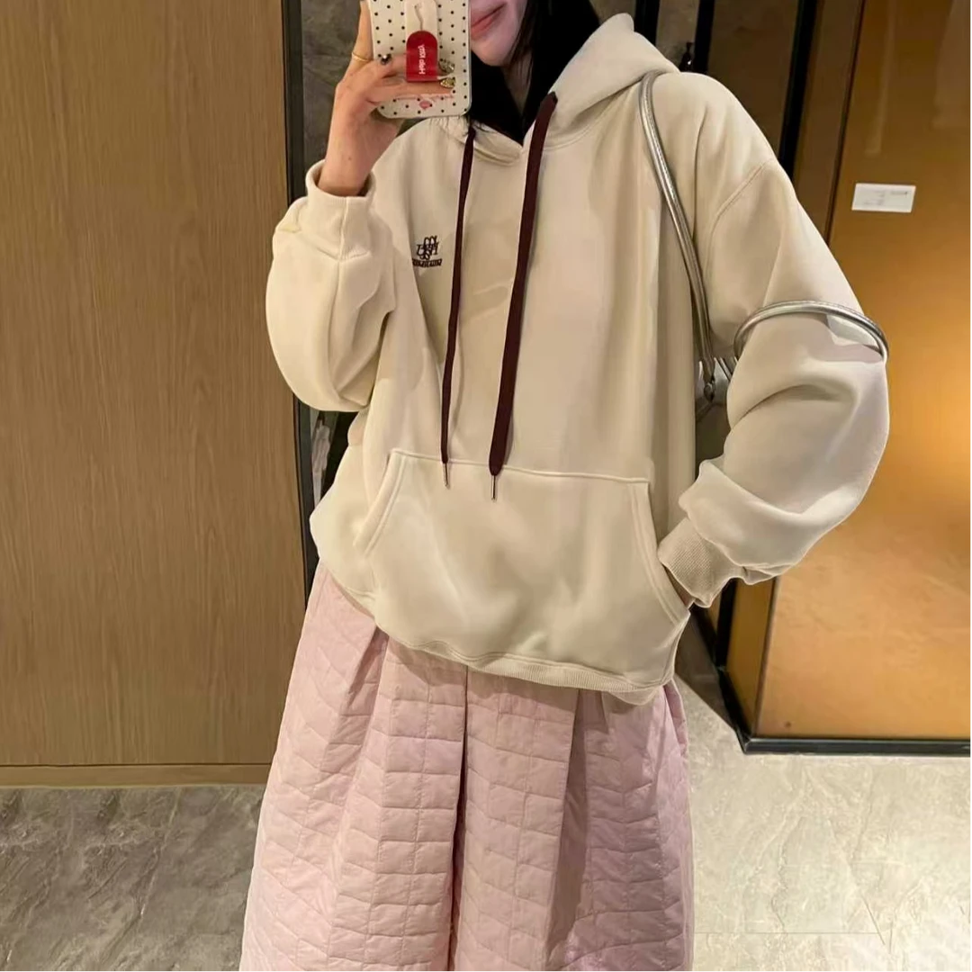 韩版简约时尚百搭重工刺绣口袋加绒连帽卫衣女Y358