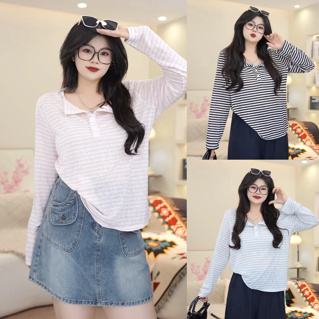 梦丞【舒适区】大码女装韩系半开V领休闲条纹宽松时尚洋气长袖T恤