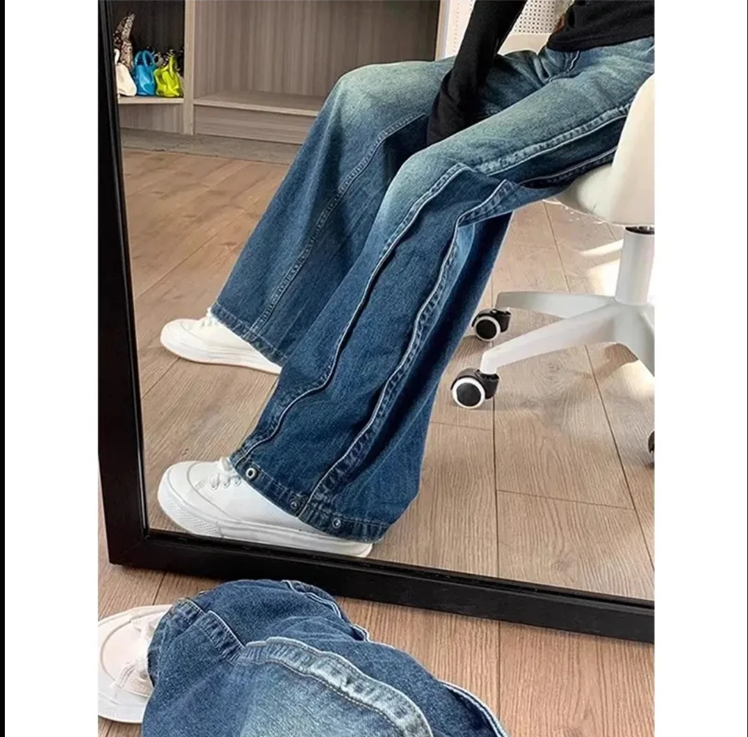 怀旧蓝拼接直筒牛仔裤女春季2025夏新款高腰设计感显高显瘦弯刀裤