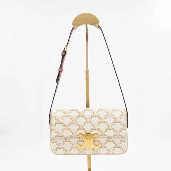 95新 Celine/思琳 瑟琳凯旋门白色老花金扣单肩包/99337673