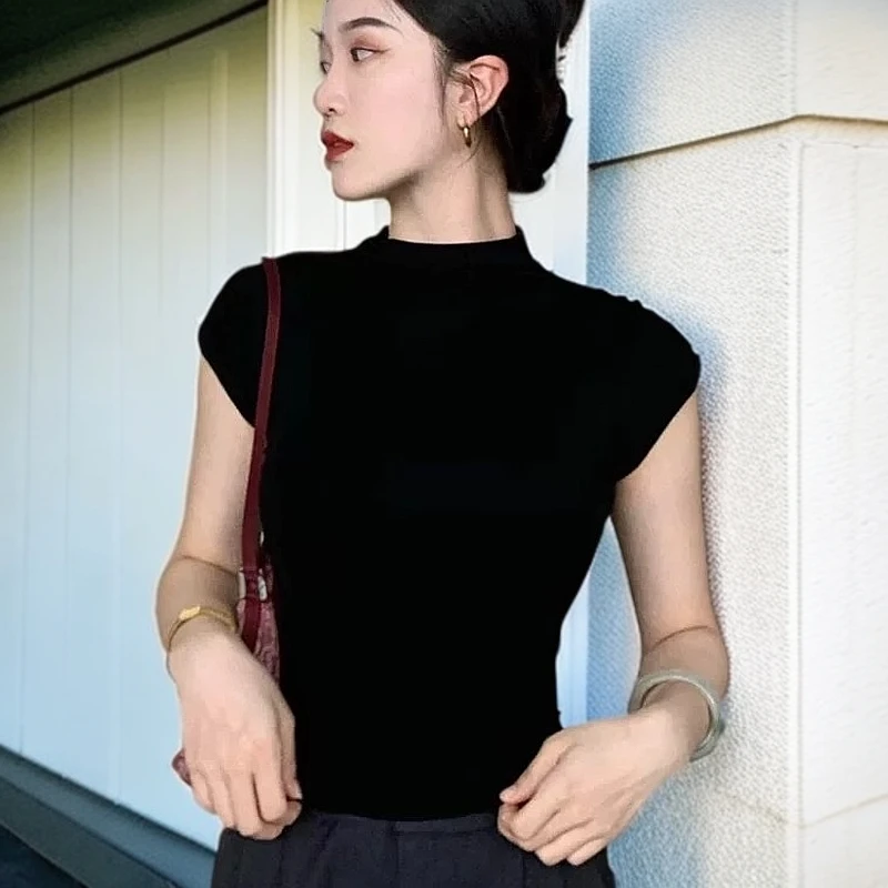 夏季100%天丝背心女法式薄款纯欲半高领针织套头飞飞袖t恤衫XZA73