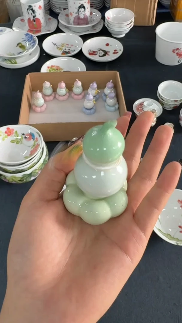 瓷片景德镇陶瓷食品级手绘釉中彩-绿色葫芦转转1个装