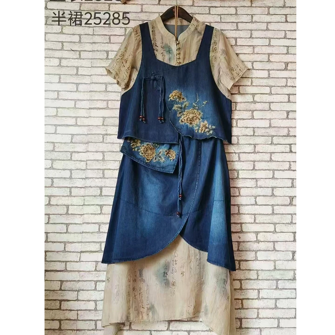 薄款复古牛仔民族风上衣+裙子文艺套装唐汉布衣新款N