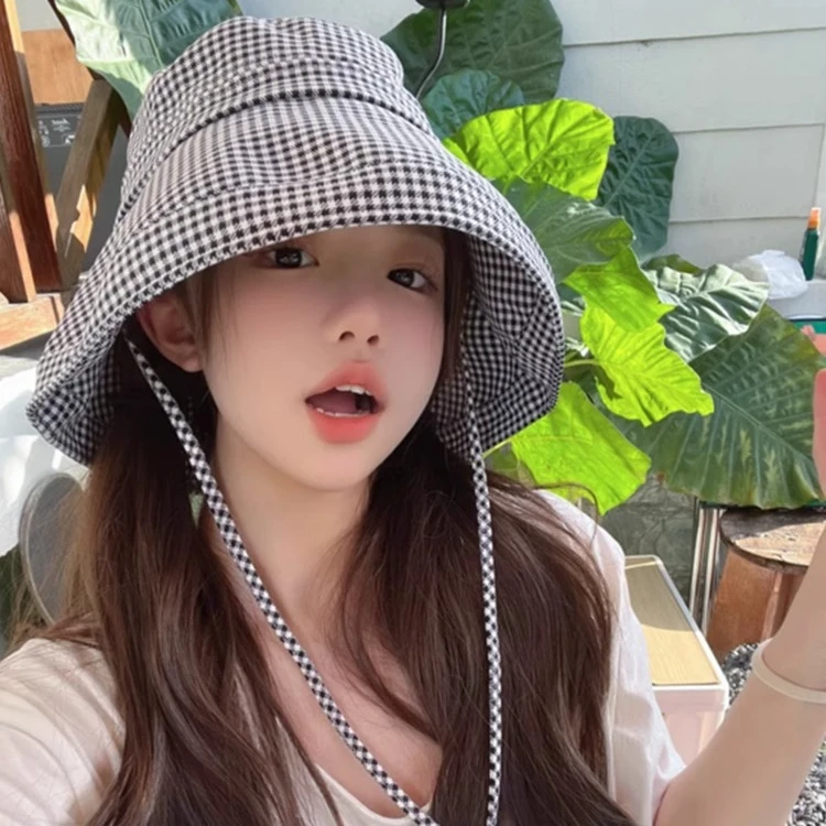 渔夫帽遮阳帽夏季千鸟格大檐帽子编织防晒帽时尚盆帽镂空韩版