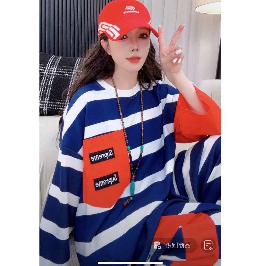 2025春季新款时尚百搭休闲卡通印花条纹短袖套装0760