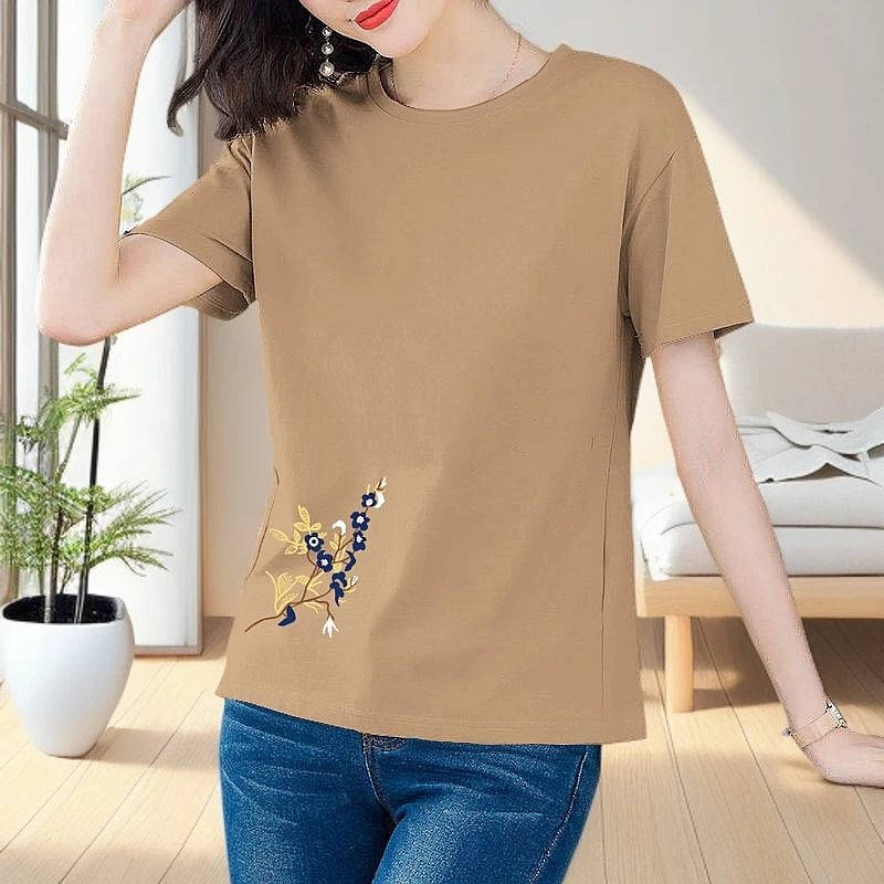 妈妈装纯棉T恤女短袖圆领夏季薄款透气百搭显瘦印花体恤大码上衣