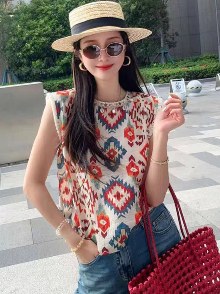 高端欧货2025夏季新款圆领重工钉珠印花无袖衬衫马甲棉麻衫女上衣