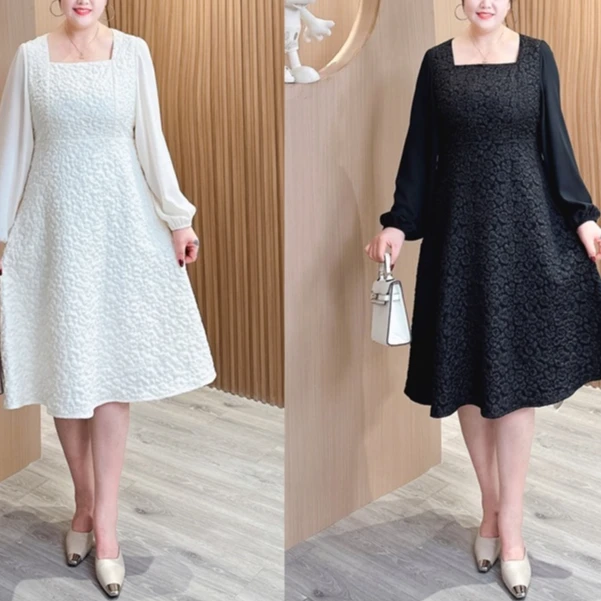 【现货连衣裙】MJ9043原创设计高贵高档时尚收腰显瘦方领连衣裙