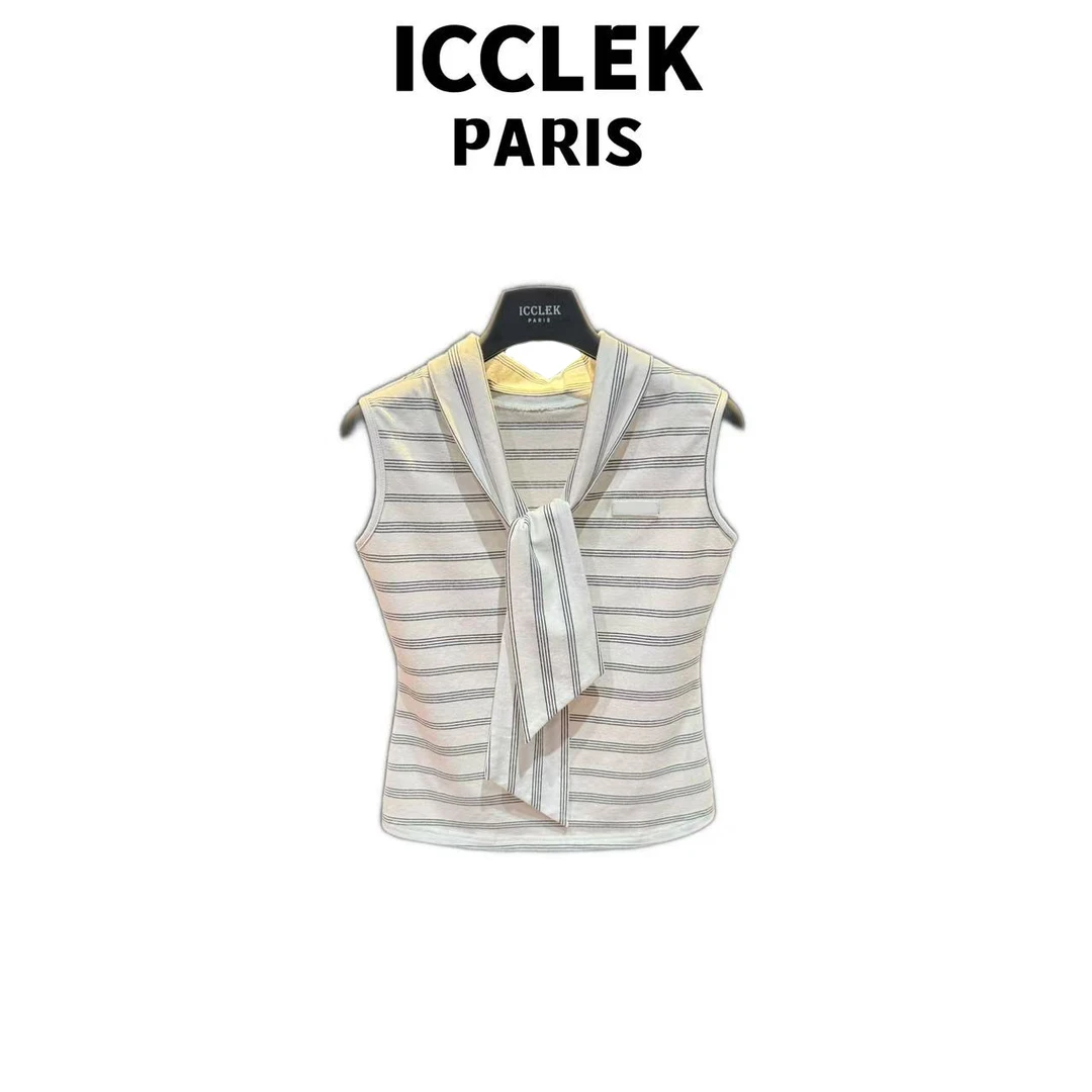 ICCLEK  白色条纹翻领条纹短袖T恤韩系宽松减龄通勤上衣-5839