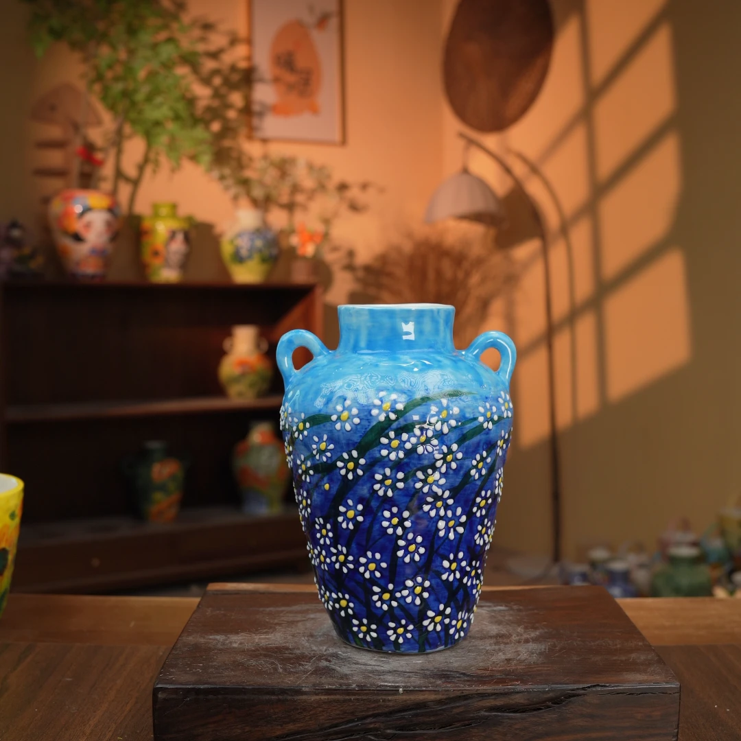 设计师款双耳莫奈星空纯手工手绘花器花瓶水养鲜花陶瓷花器
