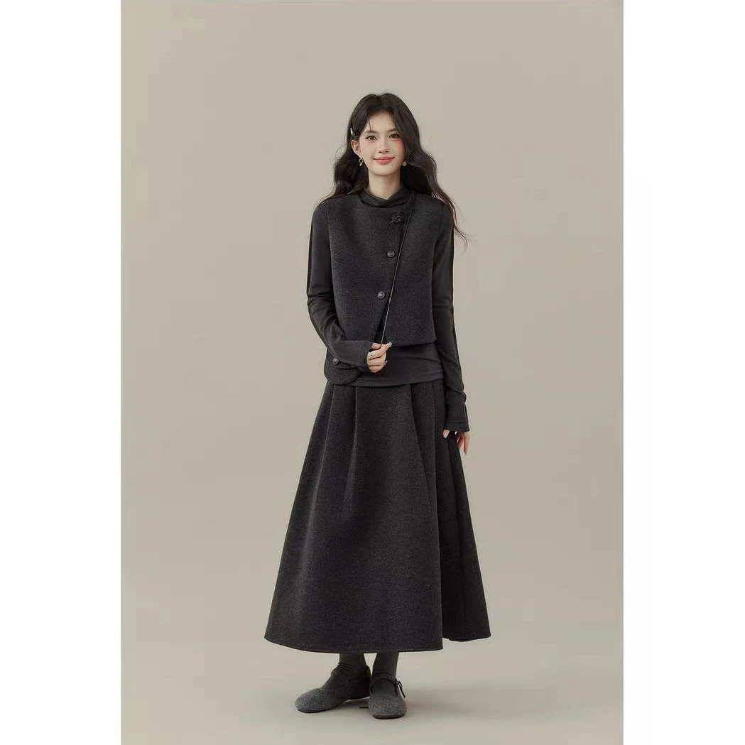 仙女风森系休闲风时尚套装深灰色裙子时尚小香风针织三件套-121