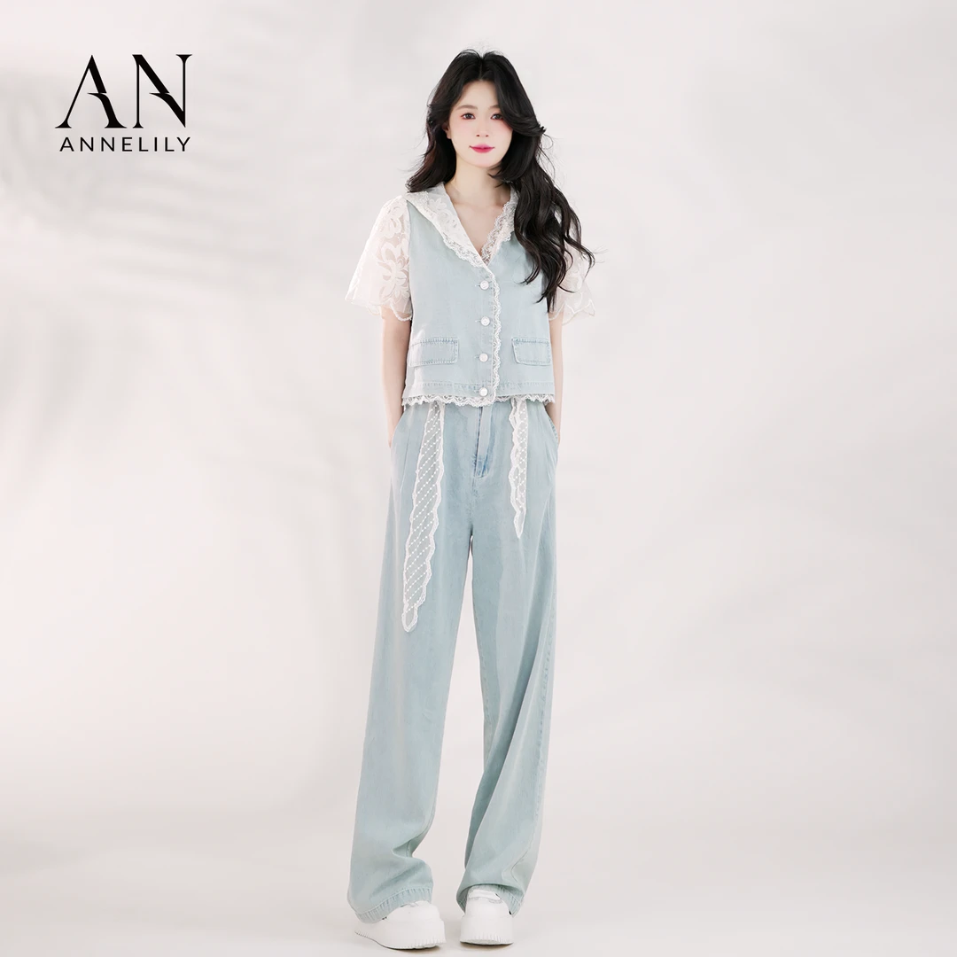 ANNELILY安甜甜【白昀】轻奢百搭气质牛仔长裤蕾丝边套装AT2504022