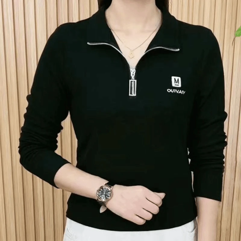 2025春秋时尚拉链翻领纯色气质显瘦遮肉长袖打底衫妈妈上衣