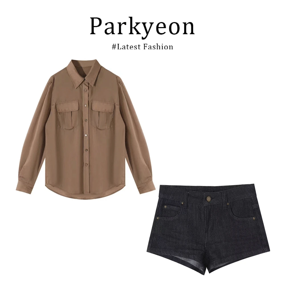 美式甜辣性感风长袖衬衫上衣高腰时尚休闲显瘦短裤两件套