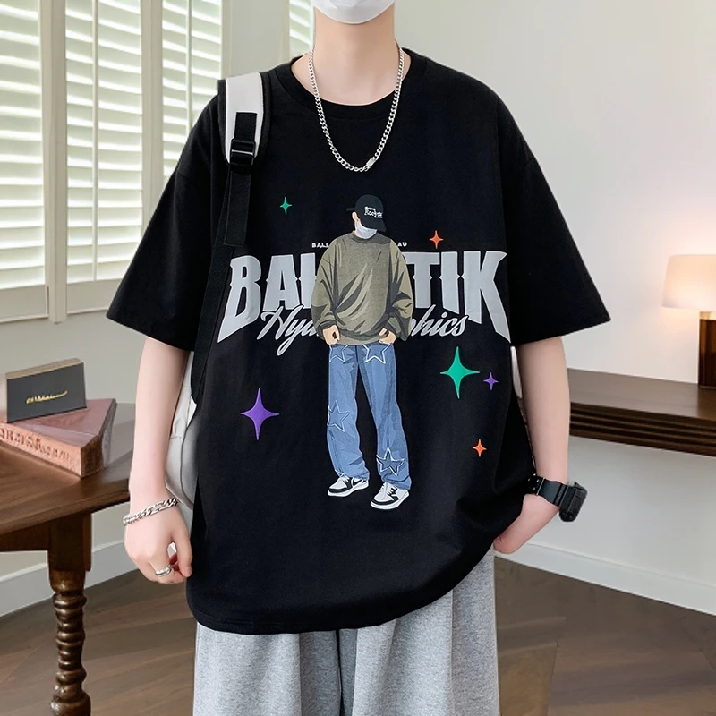 男士学生夏季印花青少年美式潮流短袖t恤男初中高中宽松学生体恤