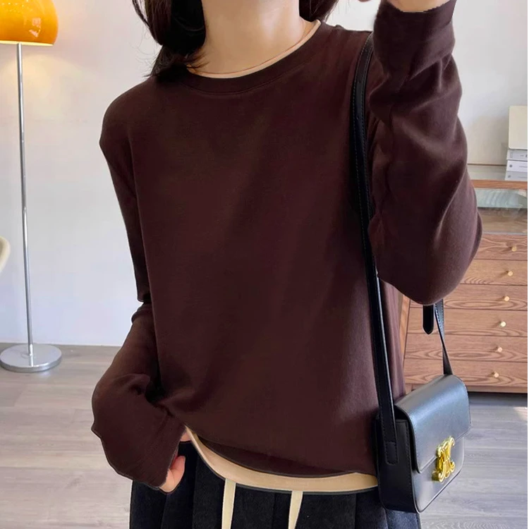 加厚双面奥绒拼接假两件设计长袖T恤女冬新款韩版圆领内搭打底衫